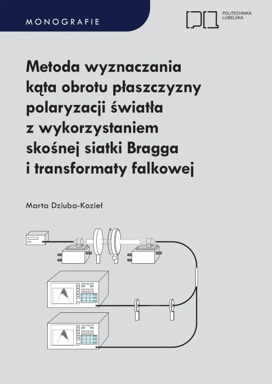 Okładka monografii publikacji Politechniki Lubelskiej pt. "Metoda wyznaczania kąta obrotu płaszczyzny polaryzacji światła z wykorzystaniem skośnej siatki Bragga i transformaty falkowej"  autorstwa Marty Dziuby - Kozieł